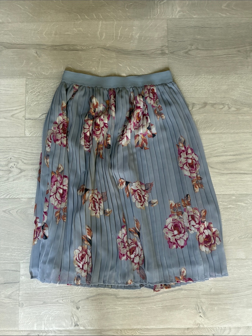 A New Day Pleated Dusty Blue Floral Knee Length Skirt